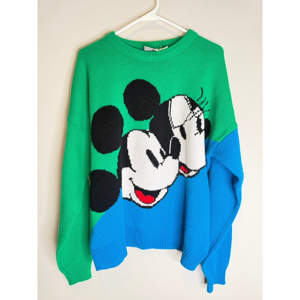 Vintage Mickey & Co. Colorblock Mickey Mouse Knit Sweater Green Blue Oversized